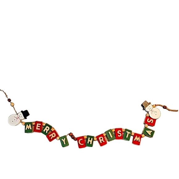 Wooden Blocks "Merry Christmas" with Snowmen on Each End Beads Hanger - Picture 1 of 8